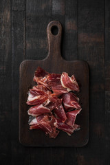 Traditional Spanish Jamon Serrano ham, Prosciutto Crudo, Parma ham, Italian antipasto.