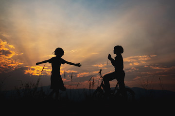Fototapeta na wymiar Group of happy children playing on meadow at sunset, silhouette