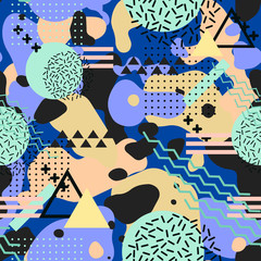 Abstract geometric background. dark blue background seamless pattern and color figures and spots for cover digital graphic and textile. Memphis style pattern vector illustration