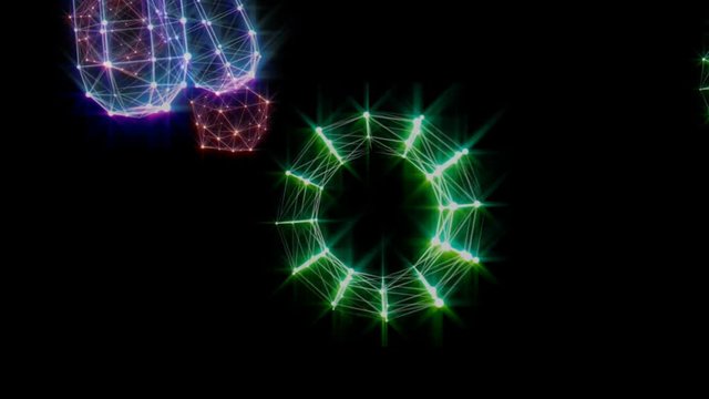 Objects fly around the screen. Gems on a black glossy table, Collection of many different gems from amethyst, lapis lazuli, rose quartz, citrine, ruby, amazonite, moonstone, labradorite, chalcedony