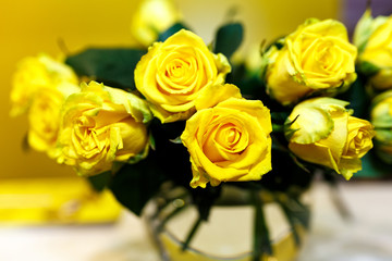 Yellow roses in glass vase on the table. Holidays and celebration concept