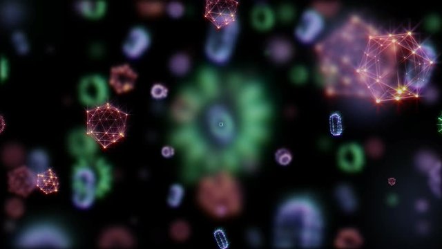 The molecules filled the plane of the screen. Gems on a black glossy table, Collection of many different gems from amethyst, lapis lazuli, rose quartz, citrine, ruby, amazonite, moonstone, labradorite