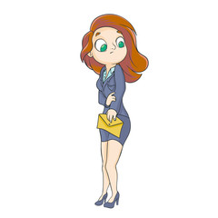 Slim woman in business suit and clutch on white background