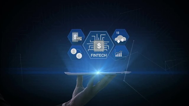 Lifting a smart pad, tablet, Fin-tech icon and various graph. Futuristic financial technology. 4k movie. version 1.