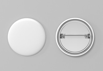 Badge. Blank white pin button front and back view . 3D Illustration.
