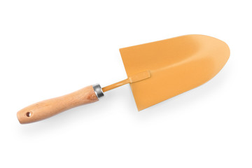 Metal shovel for gardening on white background