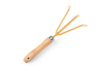 Metal rake for gardening on white background