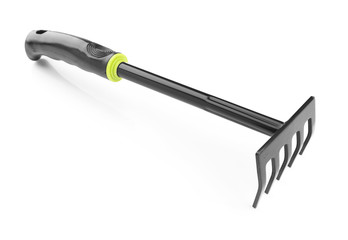 Metal rake for gardening on white background