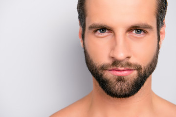 Naklejka premium Close up cropped portrait with copy space of virile, harsh, manly, attractive, naked, unshaven, handsome, stunning man with ideal, perfect face skin, looking at camera, isolated on gray background