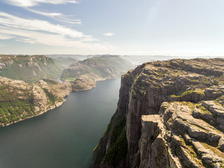Fototapeta na wymiar Photo of Preikestolen, Pulpit Rock at Lysefjord in Norway. Aerial view.
