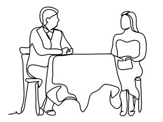 Man and woman eating on a date seated at a restaurant table isolated on white background. Continuous line drawing. Isolated on the white background. Vector monochrome, drawing by lines