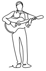 The guy guitarist. Continuous line drawing. Isolated on the white background. Vector monochrome, drawing by lines