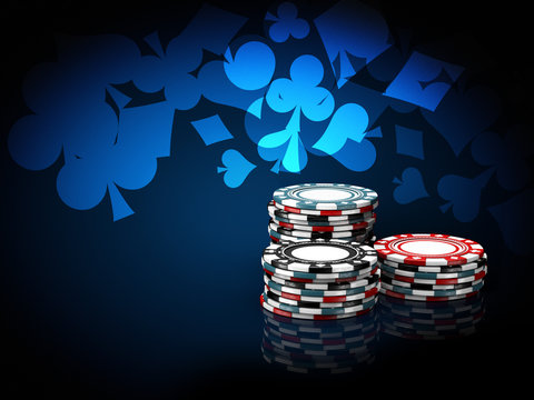 Casino chips stacks. 3d Illustration on blue background