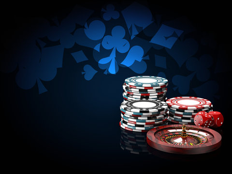 Casino chips stacks with roulette and dice. 3d Illustration on black and blue background