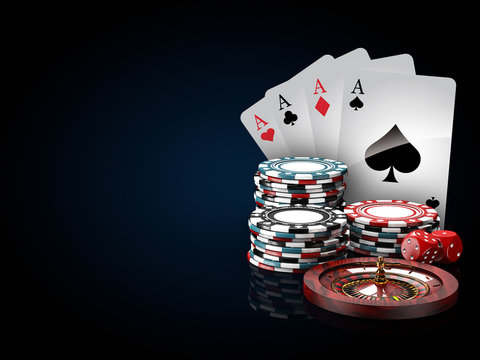 Casino chips stacks with roulette, play cards and dice. 3d Illustration on black and blue background