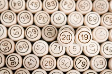 Number is 2019 against the background of wooden kegs of lotto. New Year. Close up