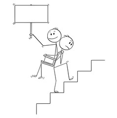 Cartoon stick drawing conceptual illustration of man or businessman carrying another man, manager or boss with empty sign upstairs on his back. Business concept of teamwork or favoritism.