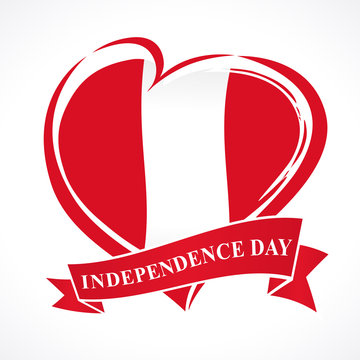 Peru Independence Day greeting card. 28 July, Peru Independence Day lettering banner background with heart in flag colors. Flag in the shape of heart in grungy style