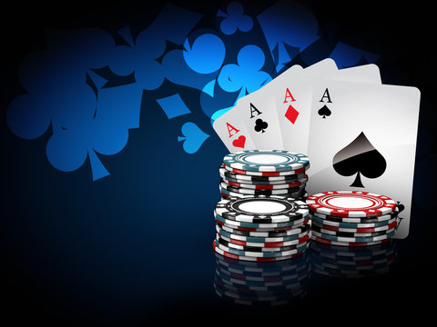 Casino chips stacks with play cards. 3d Illustration on blue background