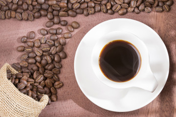 Hot Coffee on gunny-bag. Coffea