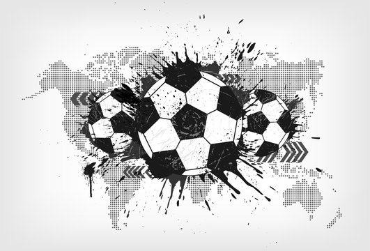 Grunge abstract football with world map and dust particle on gray gradient background . Flat design . Vector for international world championship tournament cup 2018