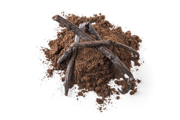 Cacao Powder and Vanilla Bean on  White Background Top View