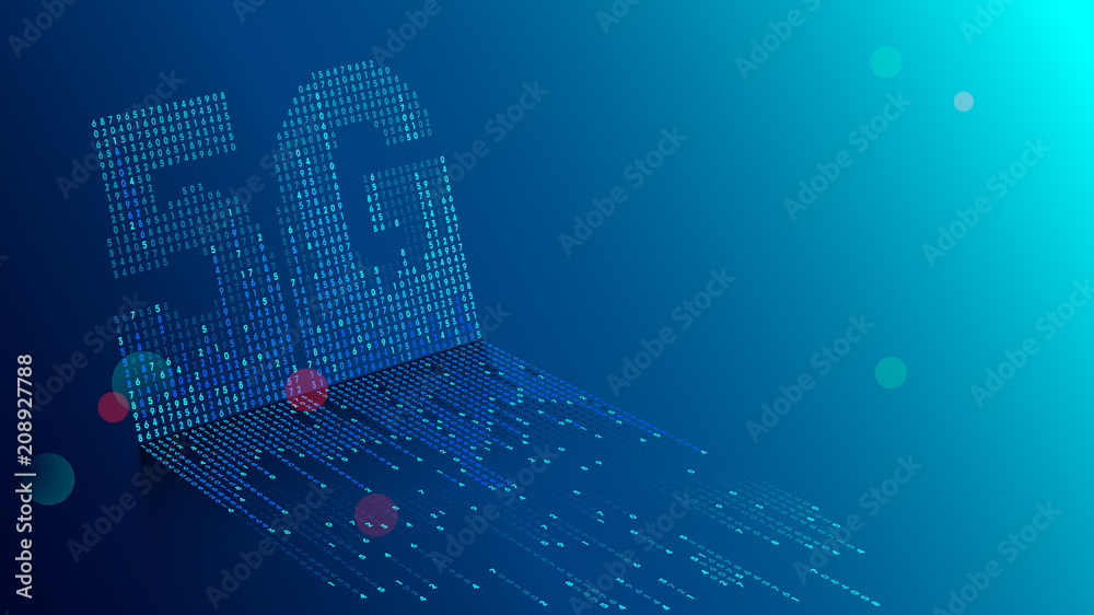 Poster 5G technology background. Digital data as digits connected each other and form symbol 5G on blue background. New generation mobile networks and internet.