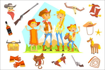 Fototapeta premium Family Dressed As Cowboys Surrounded By Wild West Related Objects