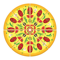 Italian pizza. Appetizing filling with sausage and tomatoes, mushrooms and greens. Flat vector cartoon illustration. Objects isolated on a white background.