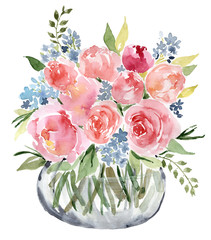 Watercolor flower bouquet vase
