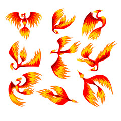 Flaming phoenix bird set, fairy tale character from Slavic folklore vector Illustrations on a white background
