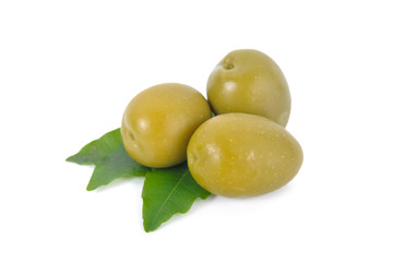 pickled olives with leaves on white background