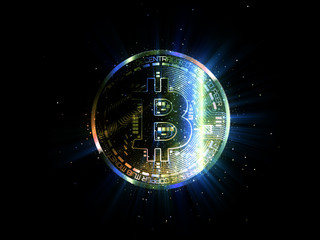 Bitcoin with glowing lights..Bitcoin symbol. Coins on black background.