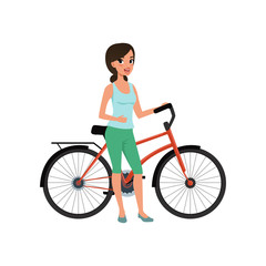 Obraz na płótnie Canvas Beautiful woman standing next to her bicycle, active lifestyle concept vector Illustrations on a white background