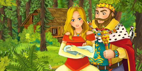 Obraz na płótnie Canvas cartoon scene with prince and princess or king and queen resting during traveling and encountering hidden wooden house in the forest - illustration for children