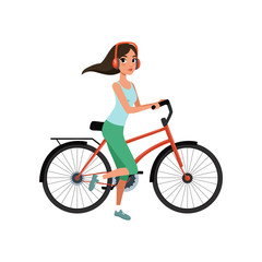 Fototapeta na wymiar Young woman riding a bike with headphones, active lifestyle concept vector Illustrations on a white background
