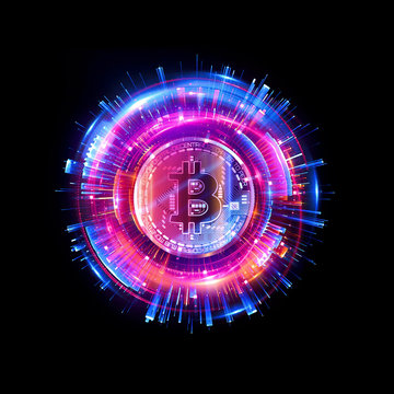 Bitcoin with glowing lights..Bitcoin symbol. Coins on black background.