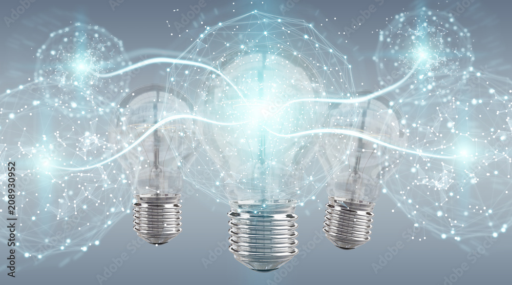 Poster bright lightbulb illuminating other bulbs 3d rendering