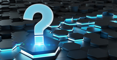 Black and blue question icon on hexagons background 3D rendering