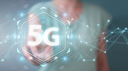 Businesswoman using 5G network interface 3D rendering