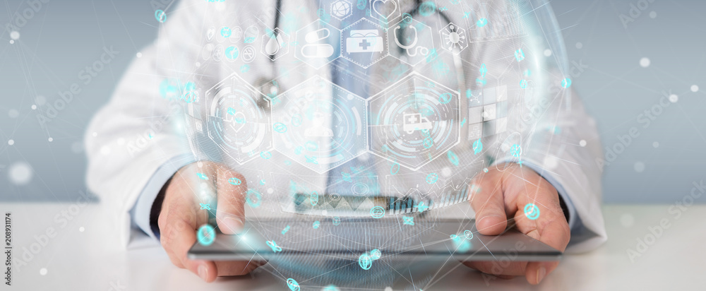 Poster doctor using digital medical futuristic interface 3d rendering