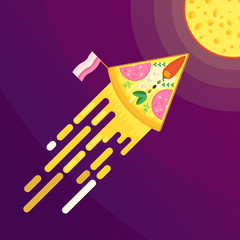 Flying piece of appetizing pizza like a rocket in space with melted flowing cheese. Fast delivery of hot food. Delicious filling with sausage and tomatoes. Flat vector cartoon objects.