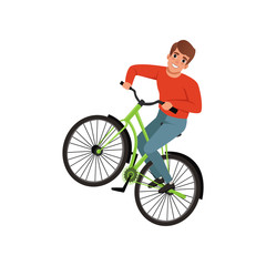 Obraz premium Smiling male bicyclist riding a bike, active lifestyle concept vector Illustrations on a white background