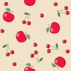 red apples and cherries on beige background - seamless vector pattern
