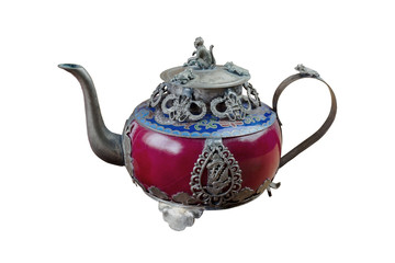 Vintage Chinese teapot made of old jade and Tibet silver with monkey lid.On white background