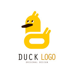 Duck logo original design, creative badge with yellow rubber duck for your own design vector Illustration