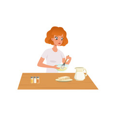 Young woman kneading dough, girl preparing healthy meal in kitchen vector Illustration on a white background