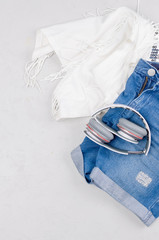 Flat lay set of  Feminineor young girl clothe  in marine style