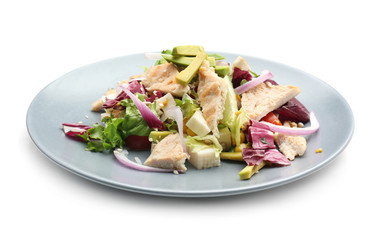 Plate of tasty salad with ripe avocado on white background
