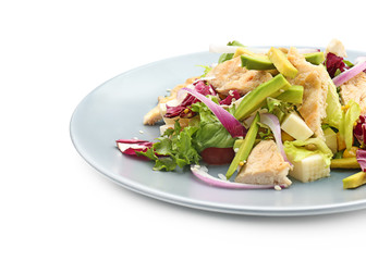 Plate of tasty salad with ripe avocado on white background